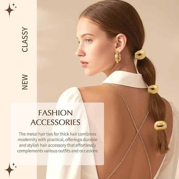 3PCS Gold Hair Ties, Metal Hair Ties for Thick Hair, Elegant Durable Geometric Design, Gold Hair Accessories for Women Stretchy and Non-Damage Ponytail Cuff Holders