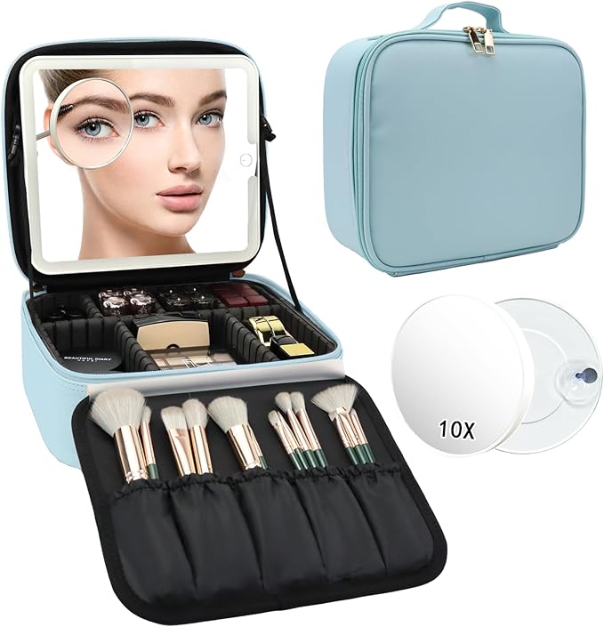 SLUMAZI Travel Makeup Bag with LED Mirror and 10x magnifying glass with 3 Lighted Settings, Adjustable Dividers and Makeup Brush Storage Bag Light Blue