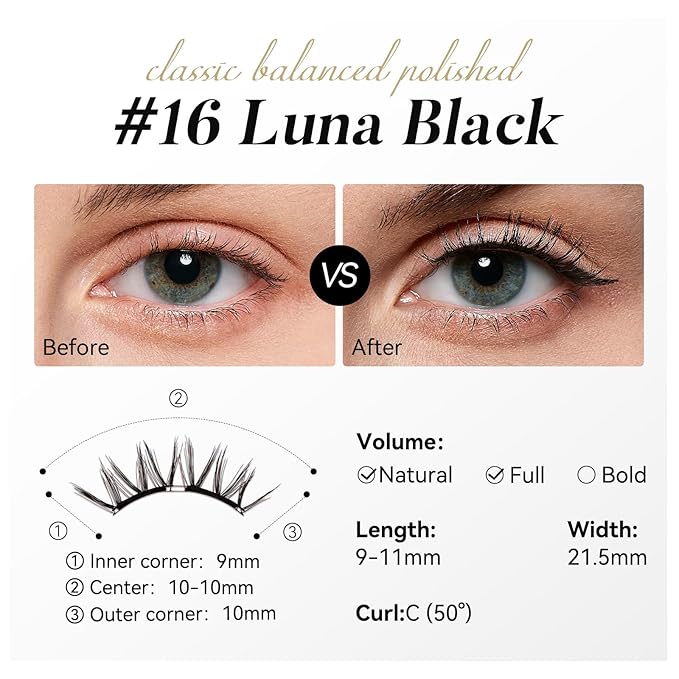 WOSADO Soft Magnetic Eyelashes [No.16 Luna Black] 21.5mm with Applicator Kit, Reusable Glue-free Wispy Magnetic Lashes, Cruelty-free False Lashes, Waterproof, Lightweight, Suit for Heavy Makeup