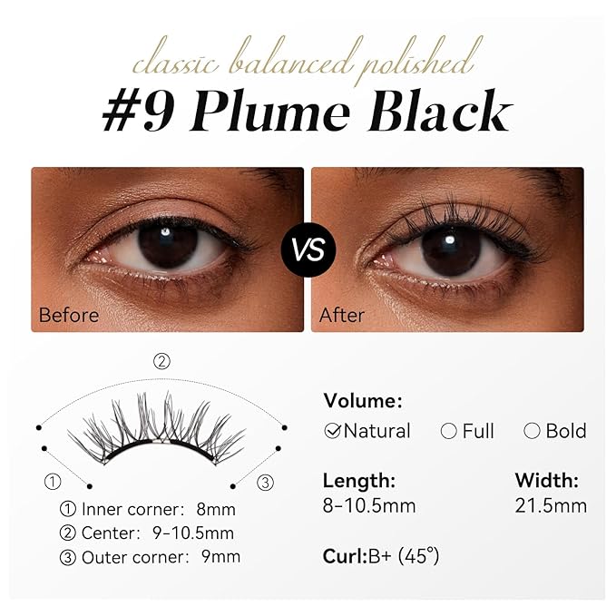 WOSADO Magnetic Eyelashes with Applicator Kit, [V9 Plume Black] Reusable Magnetic Lashes without Eyeliner, Glue-free False Lashes, Waterproof, Lightweight, Suit for Natural Makeup
