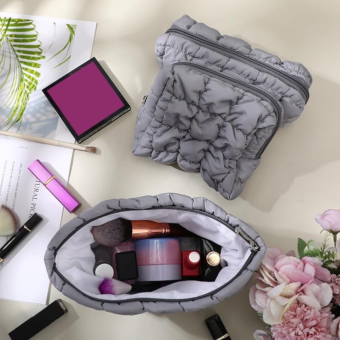 Huhumy 3 Pcs Puffy Makeup Bag Quilted Cosmetic Pouch for Women Cute Checkered Travel Toiletry Bag Puffer Makeup Organizer Purse Pouch Preppy Pencil Case with Zipper