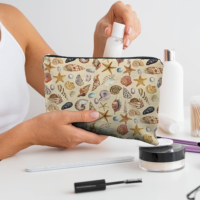 RYYCDOI Costal Beach Makeup Cosmetic Bag for Women - Women's Beach Gifts, Seashell Starfish Beachy Small Makeup Bag Pouch for Purse