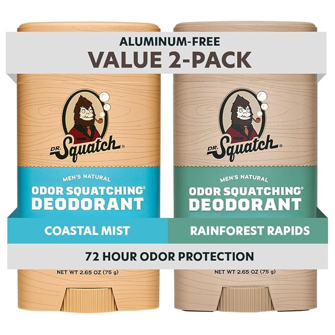 Dr. Squatch Natural Men’s Deodorant – Aluminum Free Natural Deodorant Men with Charcoal & Postbiotics for 72-Hour Odor Protection – Coastal Mist, 2.65oz Stick (2-Pack)