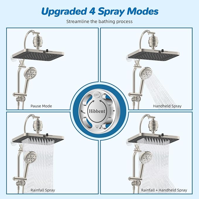 Hibbent 5-spray Dual Filtered Rainfall Shower Head Combo, High Pressure 13'' Showerhead with 10 Spray Mode Handheld, Easy Reach 4-way Diverter Arm with Pause Mode, 71'' Hose & Holder, Brushed Nickel