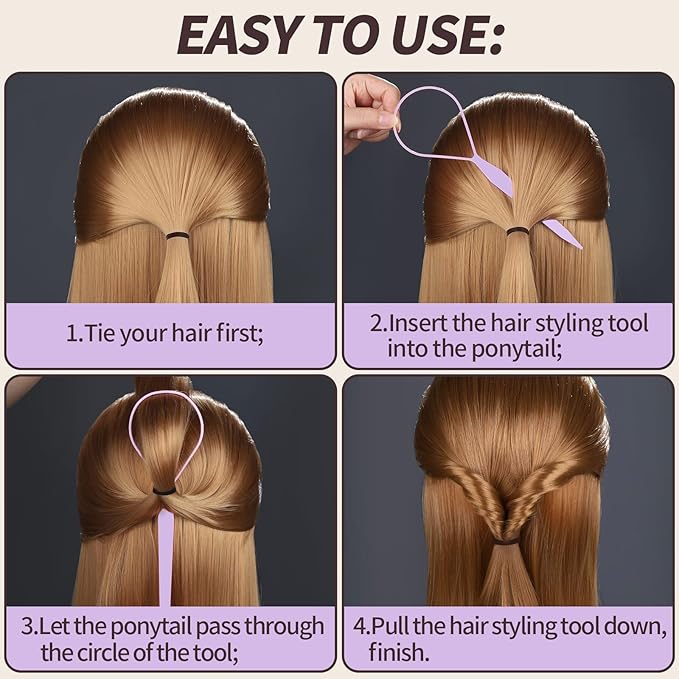 Teenitor 4pcs Pony Tail Hair Tools: 2 Pairs Pony Styling Loop, Pull Through & French Braiding Accessories for Women & Girls - Light Purple/White