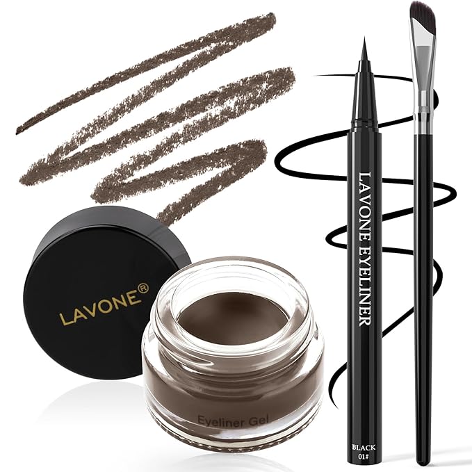 LAVONE Eyeliner Set - Waterproof Makeup Kit with Liquid Eye Liner Pencil, Gel Eyeliner and Angled Eye Liner Brush, Waterproof, Smudge Resistant, Long Lasting Formula - Dark Coffee