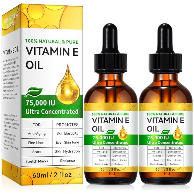 2PCS Natural Vitamin E Oil for Skin, 75,000 IU Ultra Concentrated Vitamin E Oil for Face, Hair and Scars, Moisturizing Dry Skin Oils, Promotes Skin Elasticity