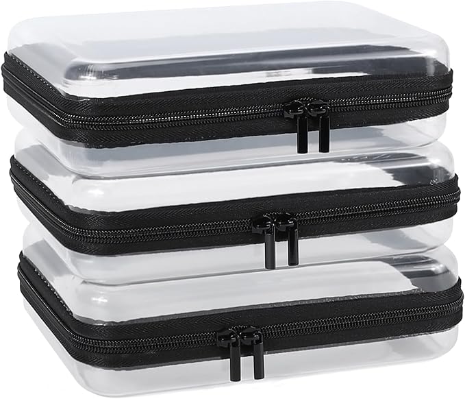YOPCDJ 3 Pack Clear Hard Shell Zipper Case, Clear Zipper Pouches Waterproof Makeup Organizer & Travel Toiletry Bag, Plastic Pouch for Travel Office Storage, Black Medium Size