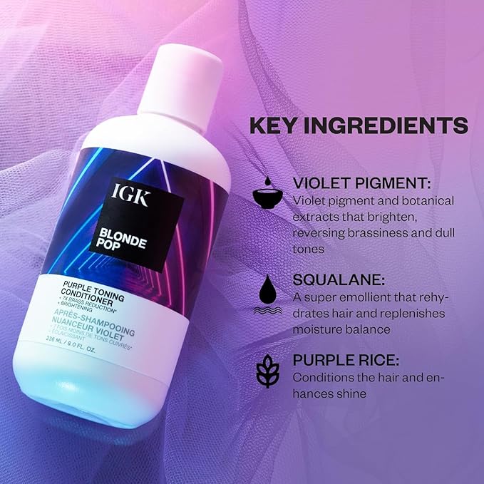 IGK BLONDE POP Purple Toning Shampoo & Conditioner Set | Neutralizes Brass + Brightens Blonde | Vegan + Cruelty-Free | 8 oz (Pack of 2)