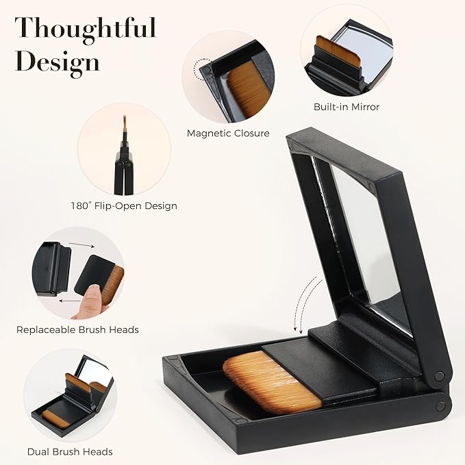 ENERGY Kabuki Brush Flat 2PCS Portable Folding Case with Mirror – Travel Makeup Brush for Foundation, Powder & Contour, Compact Mini Cosmetic Tool with Magnetic Closure Vegan for Purse or Travel Bag