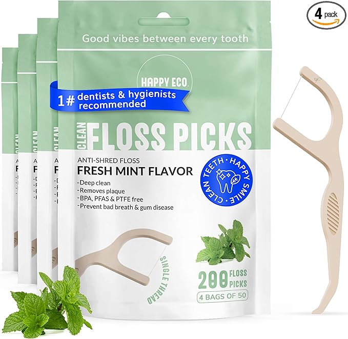 Dental Floss Picks (200pcs) - Flossers for Adults, Vegan Corn-Straw Handle, Superior Oral Care & Anti-Shred Thread, Dental Hygiene, Tooth Pick Sticks, Teeth & Gum Health (Mint, Single Thread)