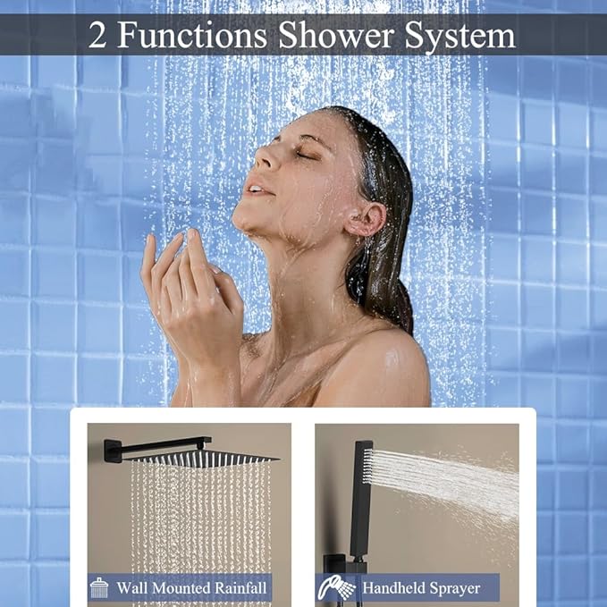 YCAIKOI Shower Faucet Set 16 Inch Wall Mount Rain Shower System, All Metal Shower Fixtures - Matte Black
