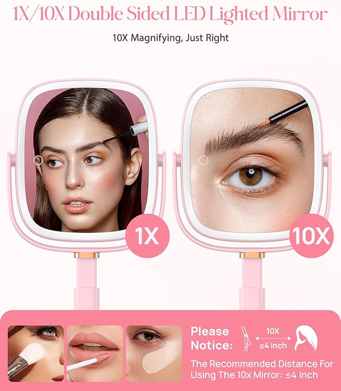 Gospire Rectangle Lighted Makeup Mirror with Lights 3 Color, Height Adjustable and 1X/10X Magnifying, 4000mAh Rechargeable Battery for Bedroom, 8.5”x7.4” Large Surface, Stepless Dimming - Pink