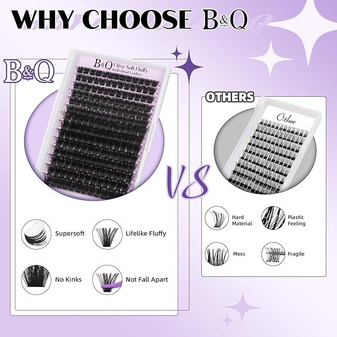 B&Q Fluffy Lash Clusters Thick 200D, Volume Eyelash Clusters 10-18mm, D Curl Cluster Eyelash Extensions, Supersoft Individual Lashes Wispy Cluster Lashes Dramatic Full Look Eyelash（200D）