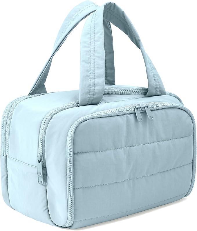 BUZFOWU Travel Toiletry Bag for Women, Large Wide-open Puffy Cosmetic Makeup Bag with Wet-Dry Separation, Multi-Pocket Organizer with Carry Handle for Toiletries, Cosmetics, Essentials, Light Blue
