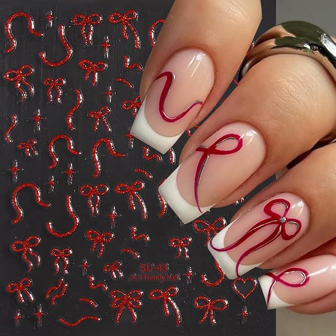 Bow Nail Stickers for Nail Art 3D Self Adhesive Gold Red Laser Star Bow Nail Decals Valentines Nails Sticker Design DIY Manicure Decoration Decal for Women Acrylic Nails 6 Sheets