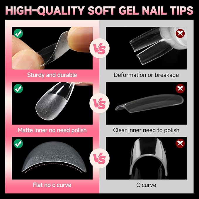 UNA GELLA Medium Stiletto Gel Nail Tips Full Cover 216Pcs Almond Shape Nails Tips Stiletto Pre etched Soft Gel Nails Clear Fake False Nail Tip For Home Art Salon 12 Sizes