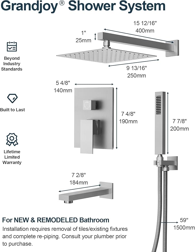 GRANDJOY 10" Shower Faucet Set with Tub Spount, High Pressure Rainfall Shower Head and Handheld Sprayer Combo, Bathroom Tub Shower Faucet Set, Brushed Nickel