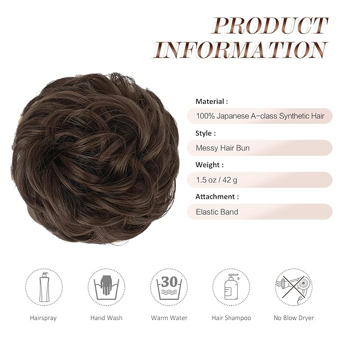 FESHFEN Messy Bun Hair Piece - Wavy Synthetic Chignon Scrunchies for Instant Volume, Elastic Bun Ponytail Hair Extensions Thick Hairpieces for Women, Medium Chestnut Brown 1.50 oz