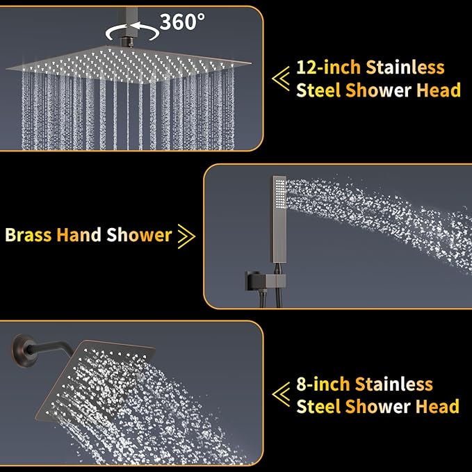 AYIVG Oil Rubbed Bronze Thermostatic Rainfall Shower System 12 Inch And 8 Inch Dual Square Shower Head System Ceiling Mount Temperature Display Shower Faucet Set With Handled Spray