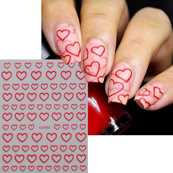 8 Sheets Heart Nail Stickers Valentines Heart Nail Decals 3D Self Adhesive Gold Silver Red White Black Hearts Nail Art Stickers Design Holiday Manicure Accessories for Women DIY Nails Supplies