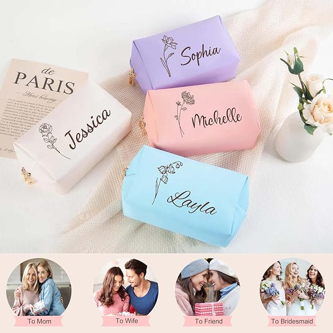 Fincekoom Valentines Day Gifts for Her Teen Girls, Personalized Makeup Bag with Name & Birth Flower, Custom Leather Cosmetic Bags for Women, Customized Travel Toiletry Bag Gifts for Bridesmaid Wedding