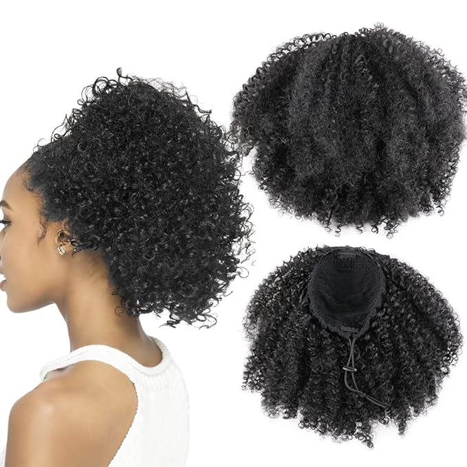 Drawstring Ponytail Afro Kinky Curly Ponytail for Black Women Short Wave Synthetic Ponytail Hair Extension (Black Brown #2)