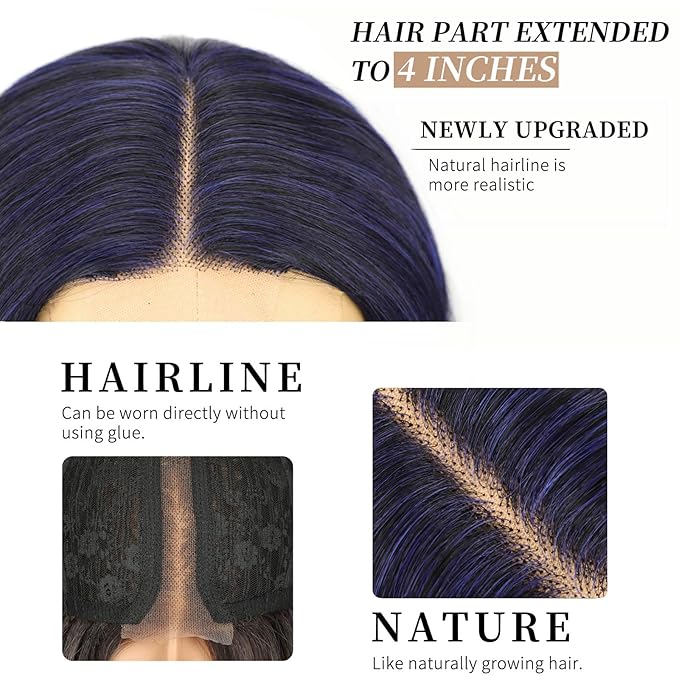 AISI HAIR Dark blue Wigs for Women, Long Wavy Lace Hairline Middle Part Synthetic Heat Resistant Wig for Daily Party-26 Inch