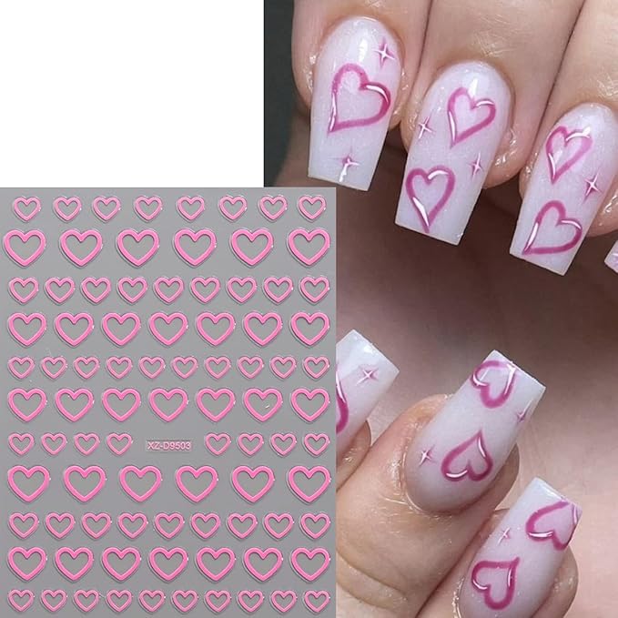 8 Sheets Heart Nail Stickers Valentines Heart Nail Decals 3D Self Adhesive Gold Silver Red White Black Hearts Nail Art Stickers Design Holiday Manicure Accessories for Women DIY Nails Supplies