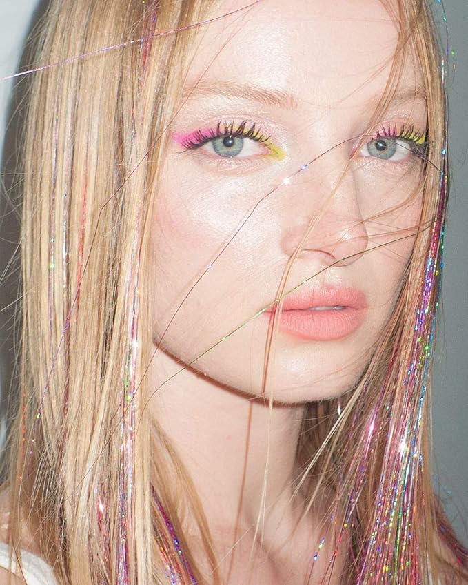 47" Holographic Hair Tinsel Kit Shining Pink Professional Sparkle Heat-Resistant Silk Extensions, Easy to Apply, Hair Accessories for Girls, Party Hair, Gifts for Girls (1000 Strands, Shining Pink)
