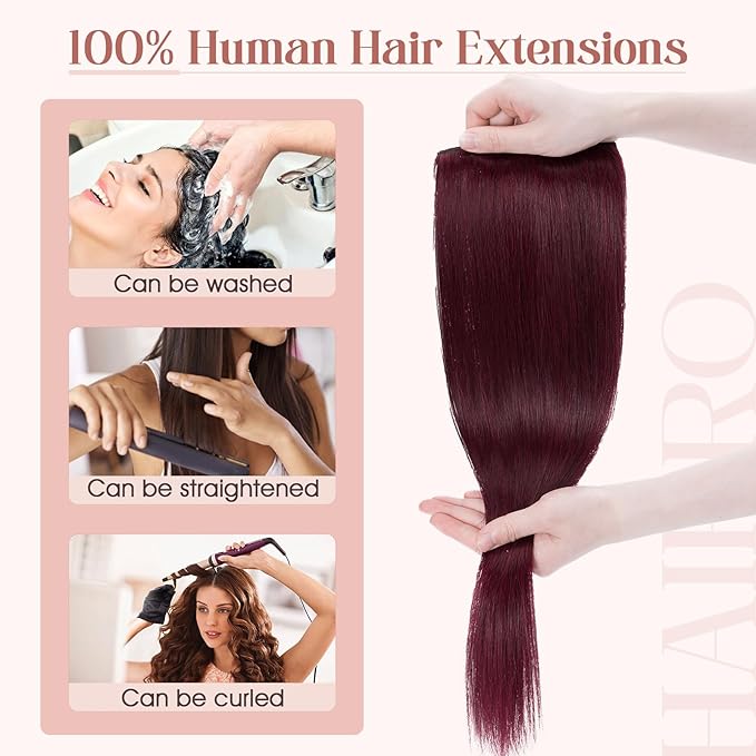 Hairro Sew in Hair Extensions Real Human Hair, 100g/bundle Weave Weft for Women Adding Volume and Length, for DIY Beauty Dating Party, 16 Inch One Bundle Straight #99J Wine Red