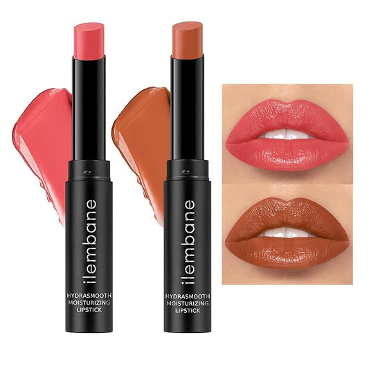ilembane 2-Pack Petal Pink&Latte Brown Moisturizing Lipstick Set – Hydrating Creamy Lip Color for Dry, Cracked Lips, Weightless Glossy Lip Balm with Vitamin E, Long Lasting Vegan Lipstick