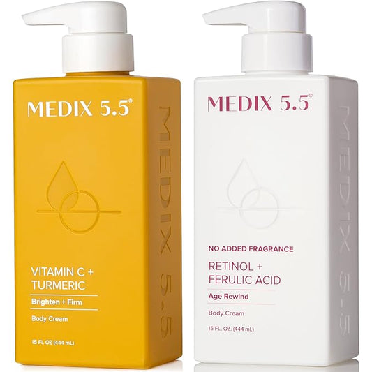 MEDIX Fragrance Free Firming Retinol Body Lotion + Brightening Vitamin C Cream 2pc Skin Care Set | Crepey Skin Care Treatment | Anti Aging Body Cream & Face Moisturizer For Crepe Skin & Dark Spots
