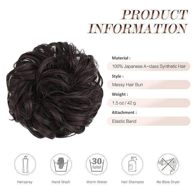 FESHFEN Messy Bun Hair Piece - Wavy Synthetic Chignon Scrunchies for Instant Volume, Elastic Bun Ponytail Hair Extensions Thick Hairpieces for Women, Dark Brown 1.50 oz