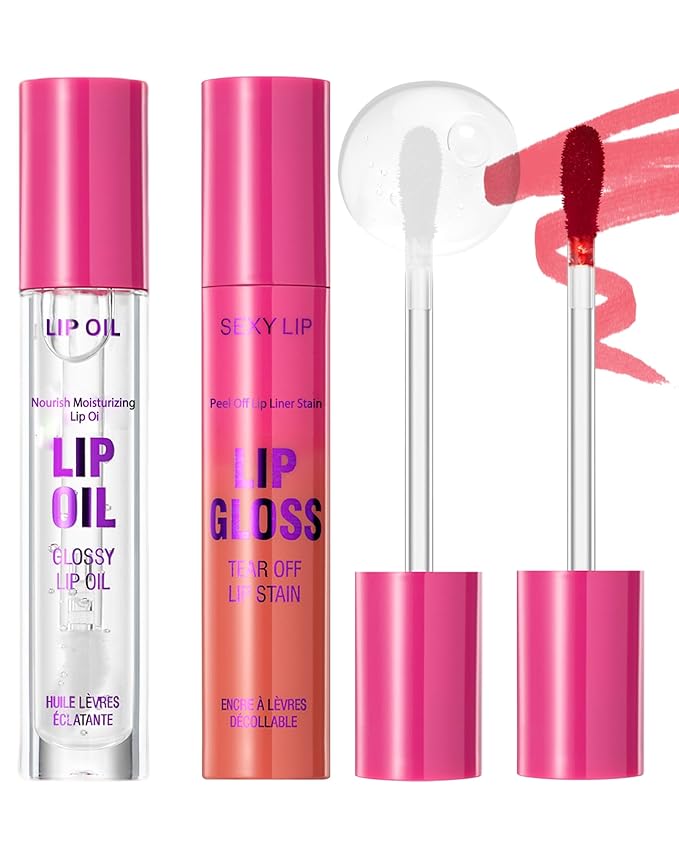 Pink Peel off Lip Stain Oil Set, Matte Long Lasting Waterproof Lip Liner Stain Tattoo Peel off, Nourish Non-Sticky Glossy Clear Lipgloss, Natural High Pigmented, Transfer-Proof Lip Combo for Women-01