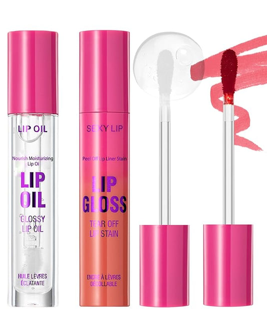 Pink Peel off Lip Stain Oil Set, Matte Long Lasting Waterproof Lip Liner Stain Tattoo Peel off, Nourish Non-Sticky Glossy Clear Lipgloss, Natural High Pigmented, Transfer-Proof Lip Combo for Women-01