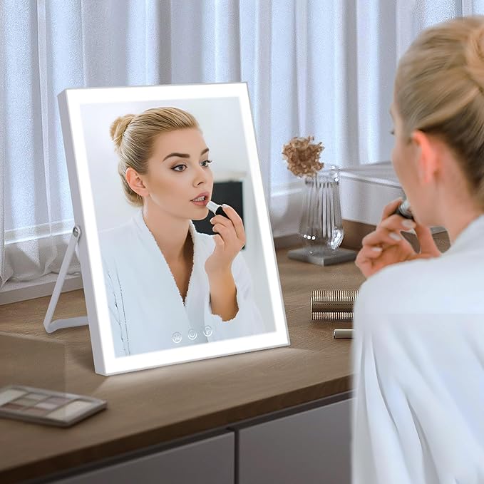 Vanity Mirror with Lights,10"x12" Lighted Makeup Mirror with 3 Color Modes, 360° Rotation Makeup Mirror with Lights, Dual Power Supply, Portable Desk Mirror, Smart Touch Control (White)
