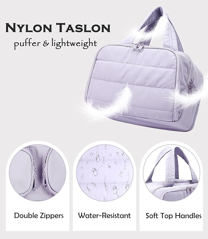 BUZFOWU Travel Toiletry Bag for Women, Large Wide-open Puffy Cosmetic Makeup Bag with Wet-Dry Separation, Multi-Pocket Organizer with Carry Handle for Toiletries, Cosmetics, Essentials, Light Purple