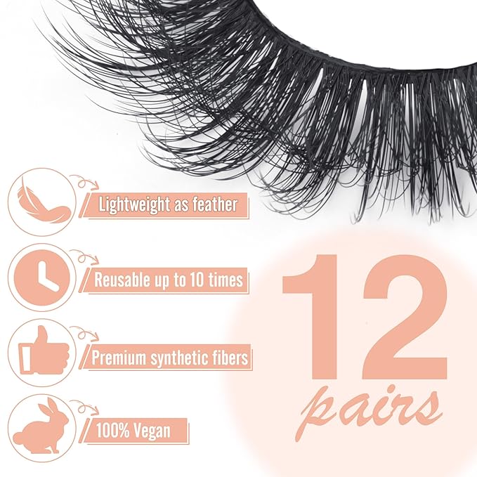 ALICROWN Fuzzy Eyelashes False Lashes Natural Wispy Fake Eyelashes Full Mink Lashes C Curly Strip Lashes Pack 12 Pairs