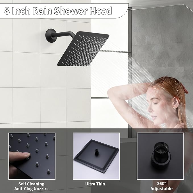 HONGTONGSOWER Bathroom Rainfall Shower System Wall Mount 8 Inch Shower Head With Handled Spray 6 Pcs jets Temperature Display Shower Faucet Set (Matte Black)