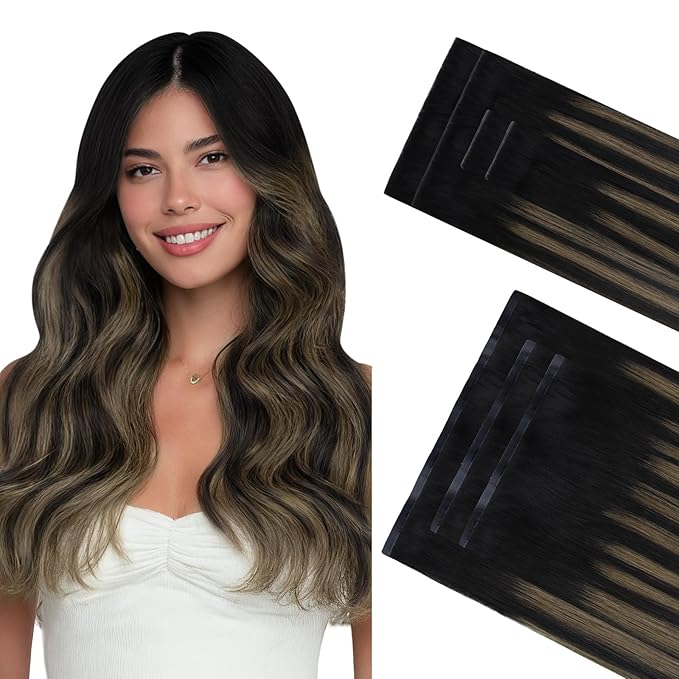 GOO GOO Invisi Edge Clip in Hair Extensions Set, 16inch 140g, 4pcs Injected Seamless PU Clip ins and 3pcs Classical PU Clip ins Virgin Real Human Hair, #(T1B/6) P1B