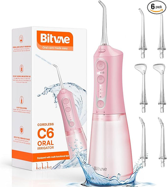 Bitvae C6 Water Flosser Teeth Picks, Portable Cordless Oral Irrigator, IPX7 Waterproof Braces Flossers Cleaner, 5 intensities 6 Jet Tips, USB Rechargeable Water Dental Picks for Cleaning, Pink