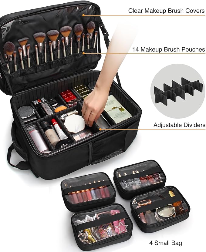 Makeup Backpack Professional Cosmetic Artist Bag Extra Large Travel Train Case Storage Organizer Double-Layer Cosmetic Case with 8 Pouch &Adjustable Divider (Black)