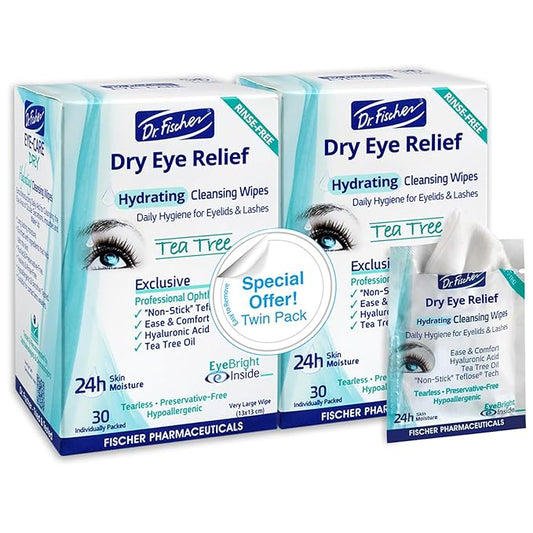 Dr. Fischer Tea Tree Eyelid Wipes for Dry Eyes - Gentle Eye Wipes for Everyday Eye Conditions and Hypoallergenic Makeup Remover (60 Wipes)