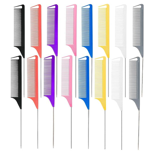 16 Pack Rat Tail Combs Set Stainless Steel Pintail Comb, Professional Rat Tail Combs for Styling, Sectioning & Hair Coloring for Salon & Home Use