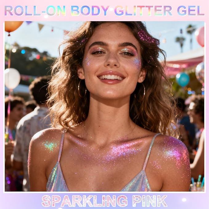 Roll-on Holographic Glitter Gel for Face & Hair, Sparkling Pink Shimmer Makeup, Color Changing Body Glitter for Festivals, Parties, Chunky Mermaid Sequins Body Shimmer for Women(Iridescent Dream)
