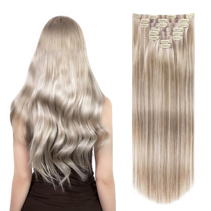 Clip in Hair Extensions Real Human Hair Seamless Clip Ins 100% Remy Hair Extensions PU Skin Weft Add Volume Ash Blonde Highlights Thick&Invisible #P18/613 18Inch 120G 8PCS