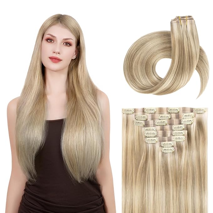 Clip in Hair Extensions Real Human Hair Seamless Clip Ins 100% Remy Hair Extensions PU Weft Golden Blonde Mix Light Blonde Thick&Invisible #P16A/22A 16Inch 120G 8PCS