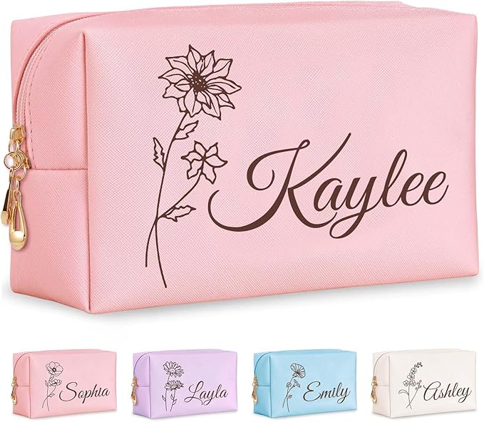 Fincekoom Valentines Day Gifts for Her Teen Girls, Personalized Makeup Bag with Name & Birth Flower, Custom Leather Cosmetic Bags for Women, Customized Travel Toiletry Bag Gifts for Bridesmaid Wedding