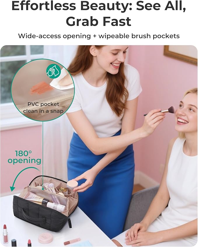 BAGSMART Travel Makeup Bag for Women, Portable Water-resistant Cosmetic Case, Puffy Padded Make Up Organizer Pouch, Open Flat Toiletry Bag for Toiletries, Brushes, Dark Pink